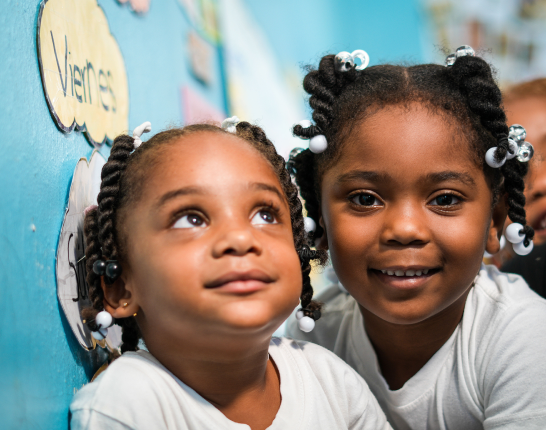 Two young girls with matching hair plaits.