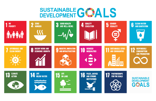 'Sustainable development goals' above numbered cards, each with different text and graphic. 1. 'No poverty' on a red card with a graphic of families. 2. 'Zero hunger' on a tan card with a graphic of steaming food. 3. 'Good health and well-being' on a green card with a graphic representing a heart rate. 4. 'Quality education' on a red card with a graphic of a book and pencil. 5. 'Gender equality' on a red card with the male and female symbols combined with an equals symbol in the middle of the circle. 6. 'Clean water and sanitation' on a blue card with a graphic of a glass of water. 7. 'Affordable and clean energy' on a yellow card with the sun and a power on/off symbol. 8. 'Decent work and economic growth' on a maroon card with a graph. 9. 'Industry, innovation, and infrastructure' on an orange card with stylised boxes. 10. 'Reduced inequalities' on a pink card with arrows in all directions surrounding an equals symbol 11. 'Sustainable cities and communities' on an orange card with a cityscape. 12. 'Responsible consumption and production' on a brown card with the infinity symbol. 13. 'Climate action' on a green card with an eye and the globe as its pupil. 14. 'Life below water' on a blue card with a fish underwater. 15. 'Life on land' on a green card with a tree and birds flying.16. 'Peace, justice, and strong institutions' on a blue card with a dove and olive branch in its mouth while carrying a gavel. 17. 'Partnerships for the goals' on a blue card with five interlinked circles.